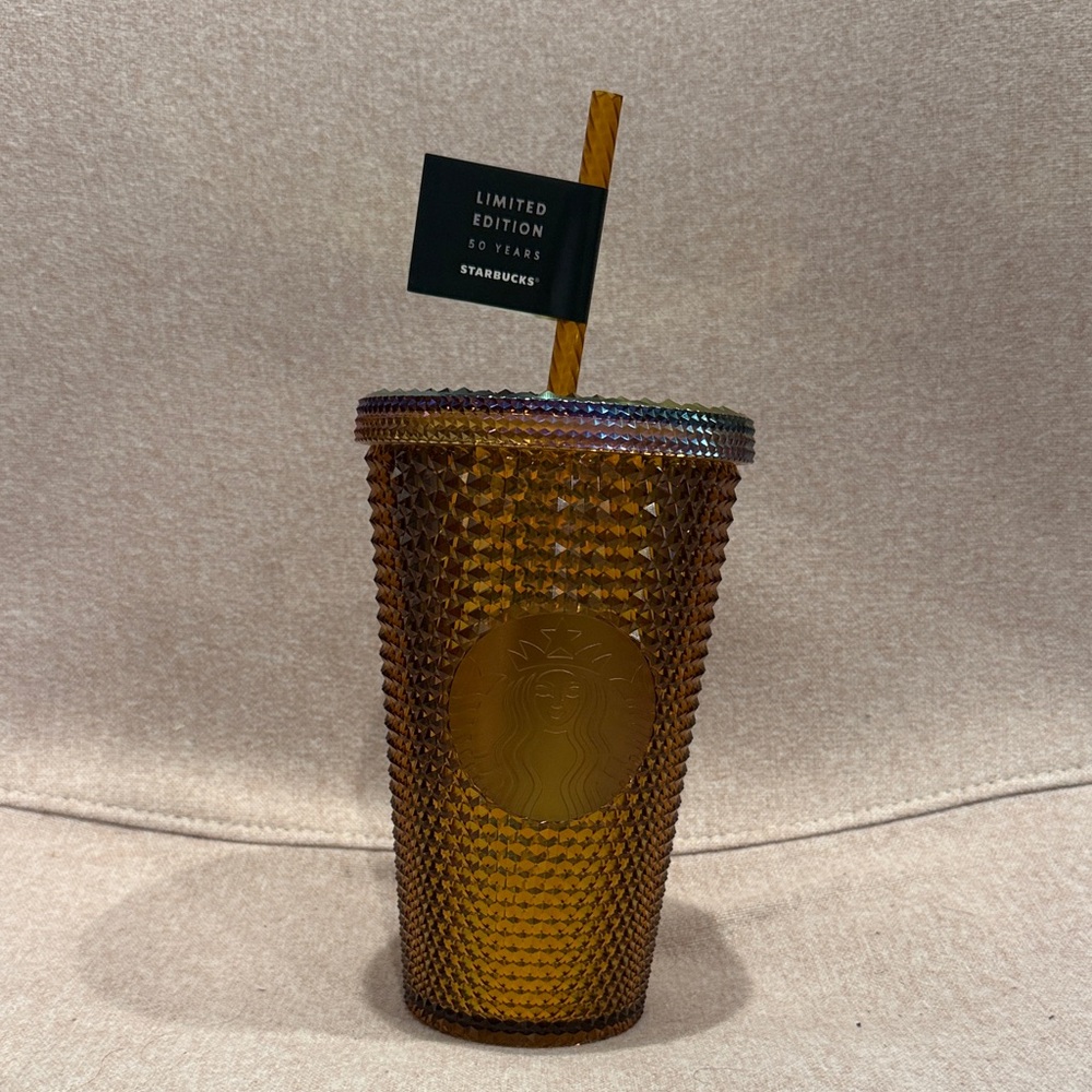 NWT Starbucks 50th Anniversary Amber Gold Studded Cold Cup 16oz